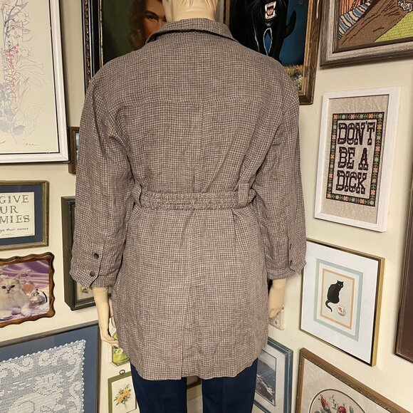 naivelinen Patchouli 13 100% Linen Brown Plaid Lady-Style Trench Coat Size 2X - Picture 3 of 7